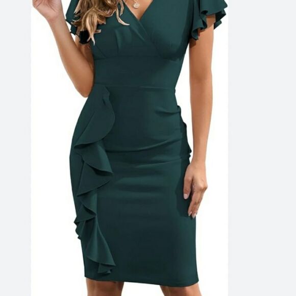 BRAND NEW KNITEE V-NECK RUFFLED ASYMMETRICAL MINI DRESS G1 - Picture 13 of 13